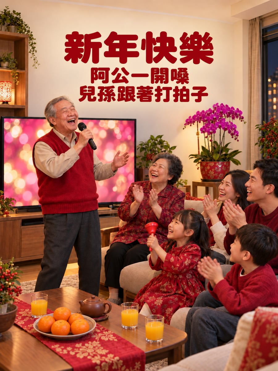 阿公開嗓唱新年歌。圖中文字：新年快樂，阿公一開嗓，兒孫跟著打拍子