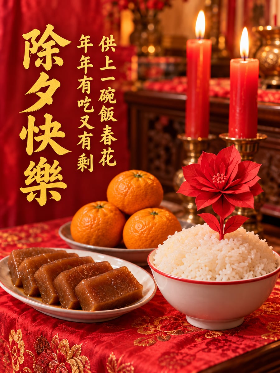 除夕飯春花。圖中文字：除夕快樂，供上一碗飯春花，年年有吃又有剩