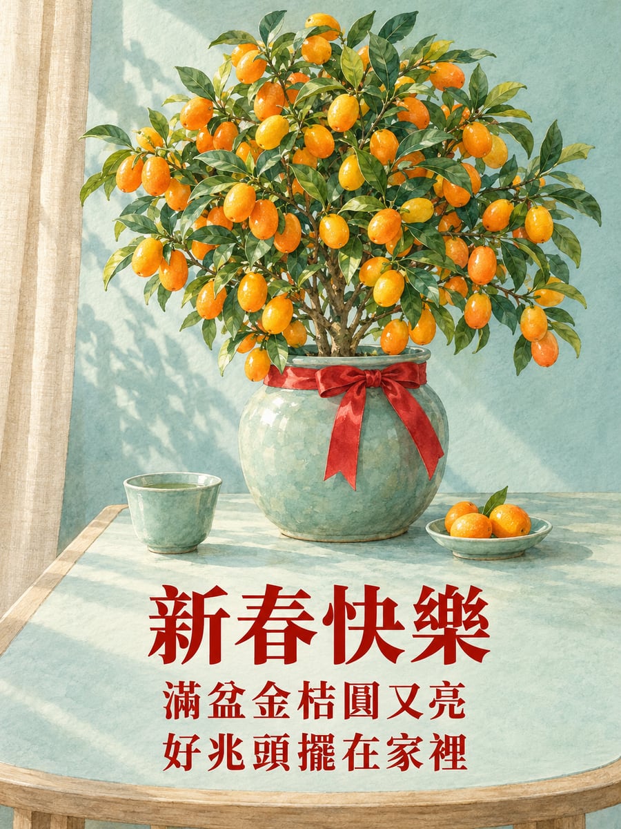 青瓷盆金桔靜物。圖中文字：新春快樂，滿盆金桔圓又亮，好兆頭擺在家裡