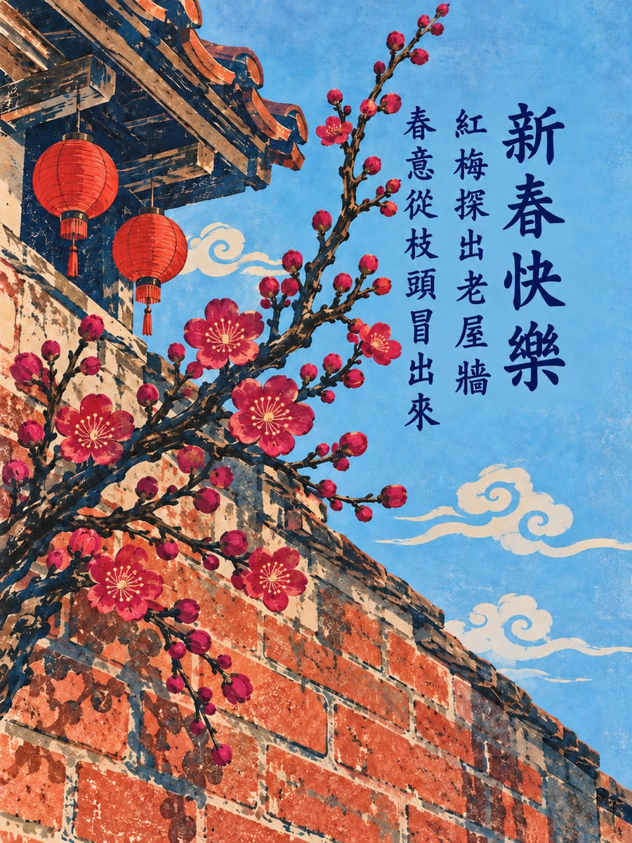 版畫紅梅探出牆頭。圖中文字：新春快樂，紅梅探出老屋牆，春意從枝頭冒出來