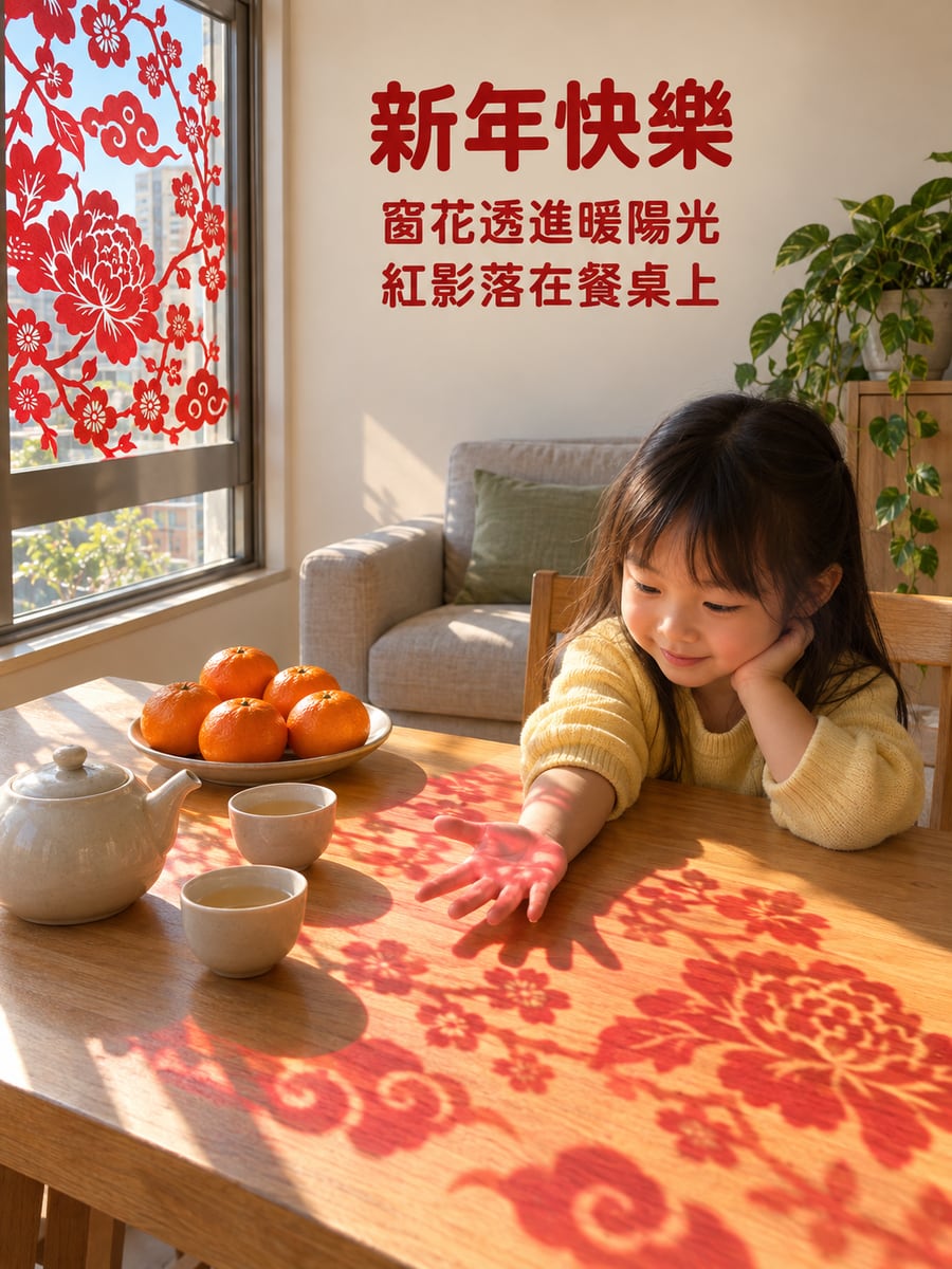 剪紙窗花紅影。圖中文字：新年快樂，窗花透進暖陽光，紅影落在餐桌上