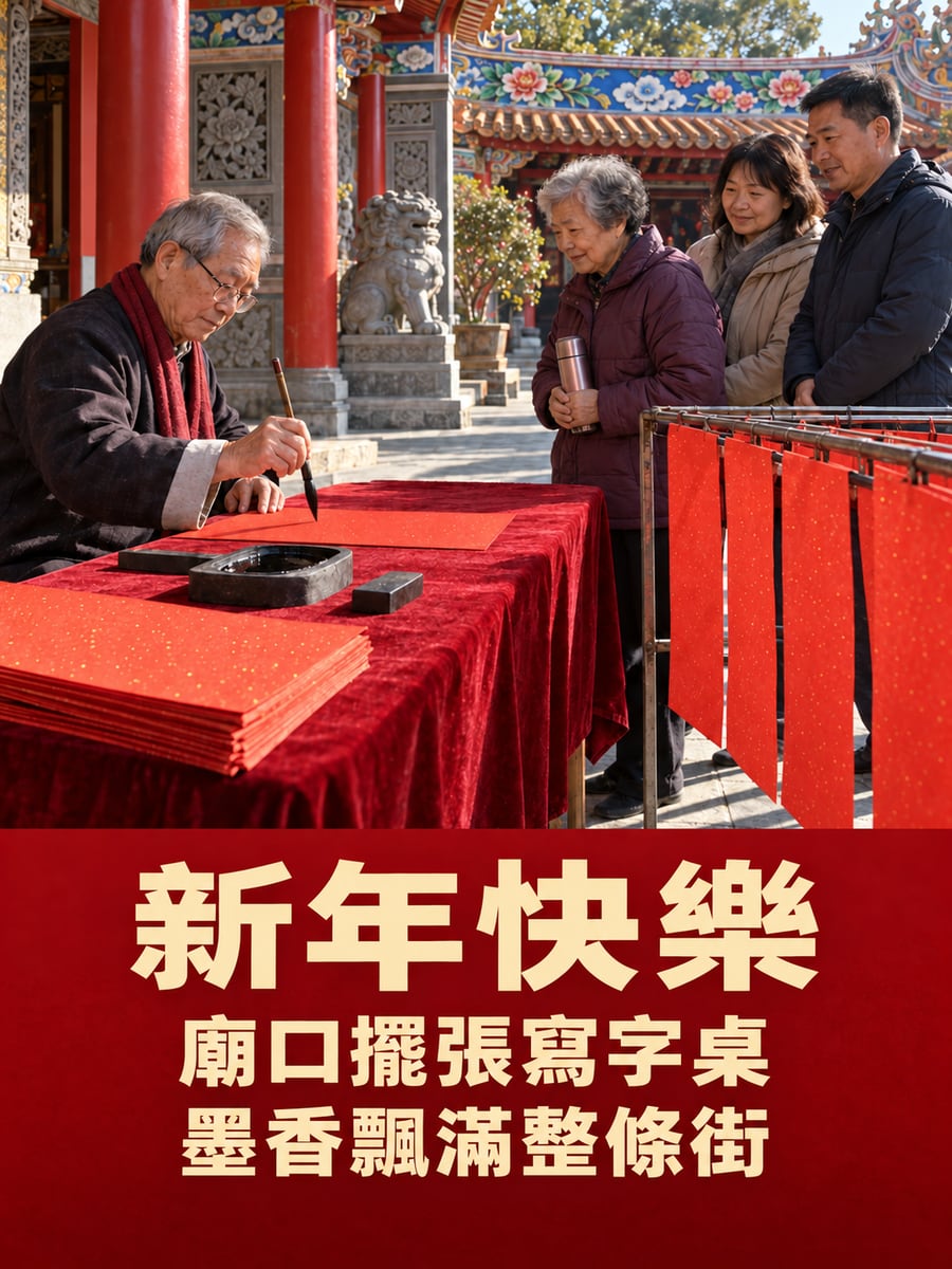 廟口寫春聯攤。圖中文字：新年快樂，廟口擺張寫字桌，墨香飄滿整條街