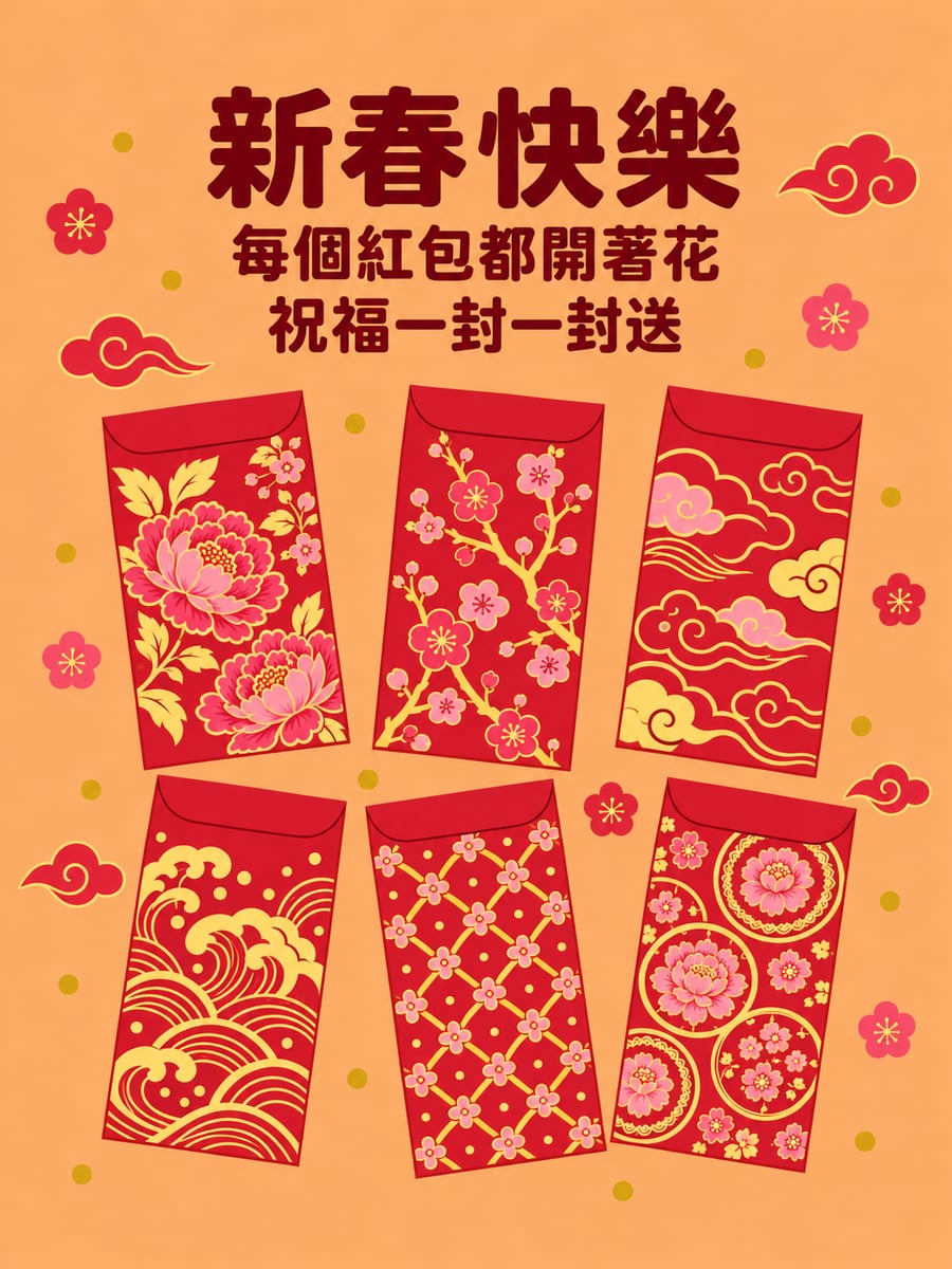 紅包花紋平面設計。圖中文字：新春快樂，每個紅包都開著花，祝福一封一封送