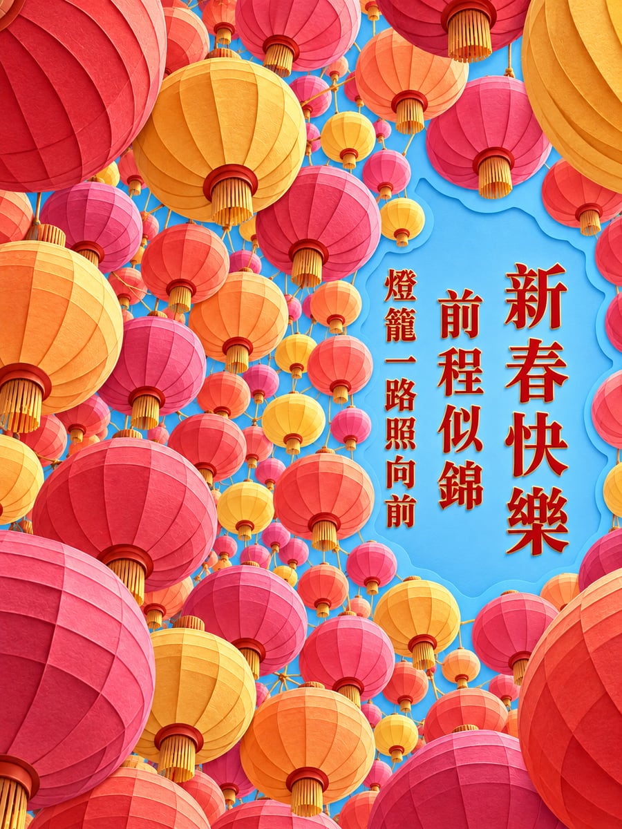 仰望紙雕燈籠頂棚。圖中文字：新春快樂，前程似錦，燈籠一路照向前