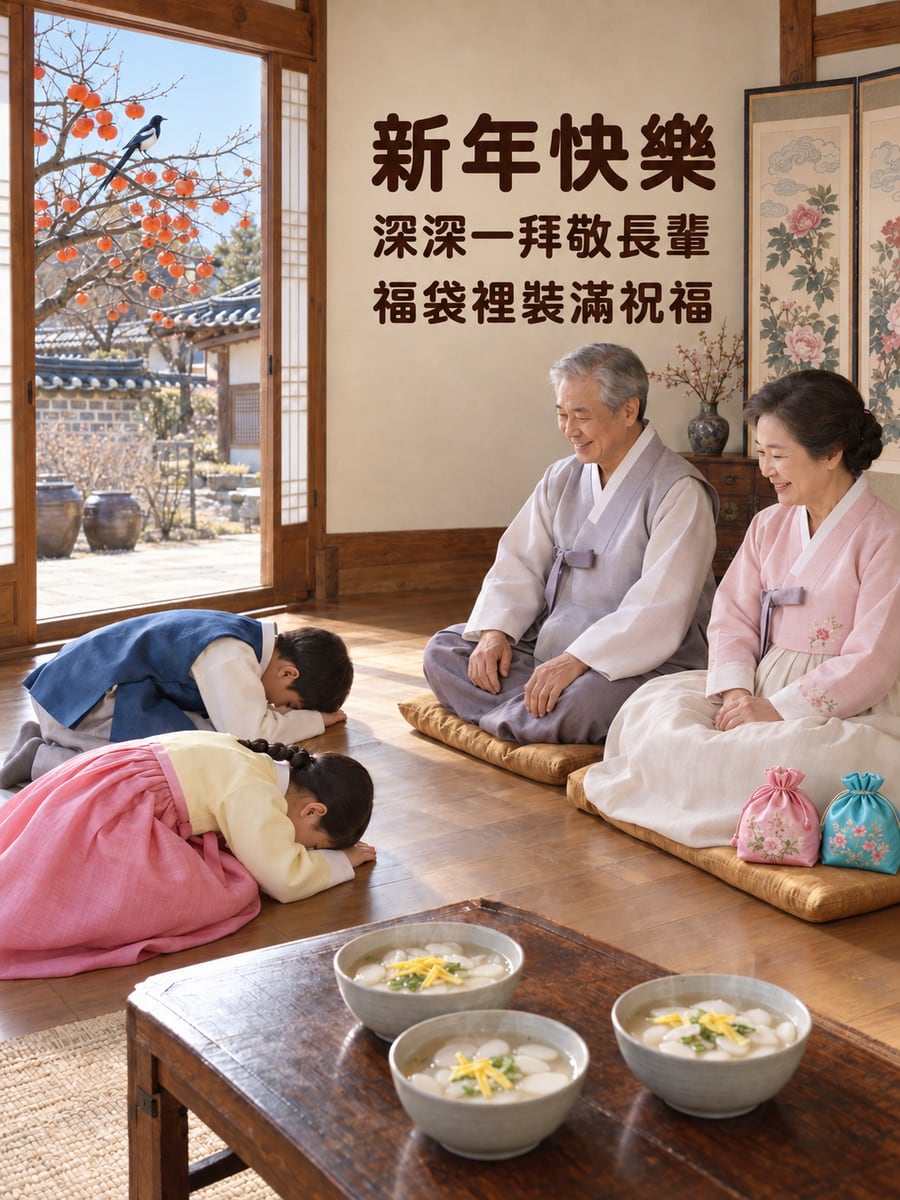 韓國穿韓服拜年。圖中文字：新年快樂，深深一拜敬長輩，福袋裡裝滿祝福