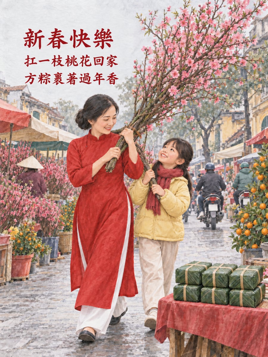 越南桃花市與方形粽。圖中文字：新春快樂，扛一枝桃花回家，方粽裹著過年香