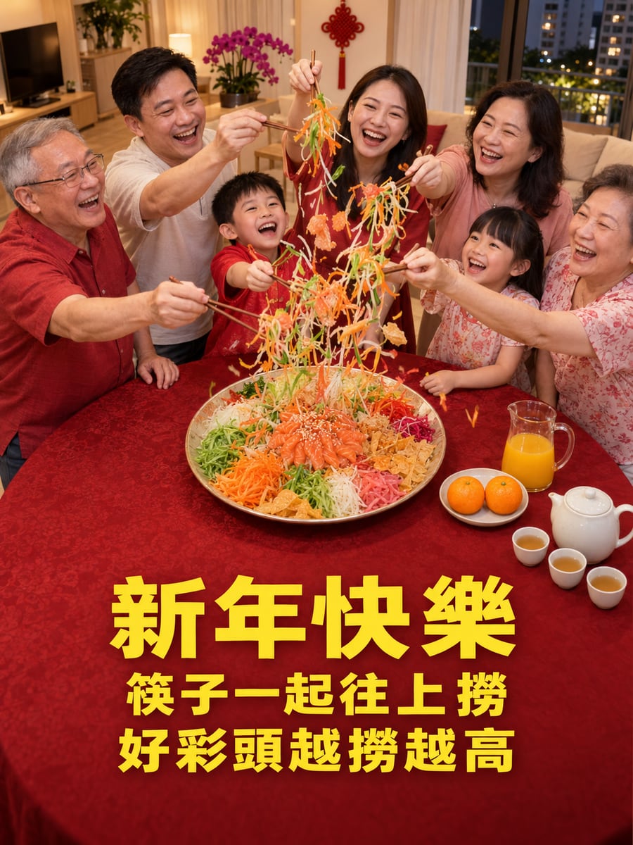 新加坡一家人撈魚生。圖中文字：新年快樂，筷子一起往上撈，好彩頭越撈越高