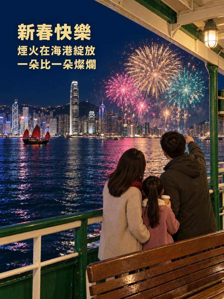 香港渡輪上看年初二煙火。圖中文字：新春快樂，煙火在海港綻放，一朵比一朵燦爛
