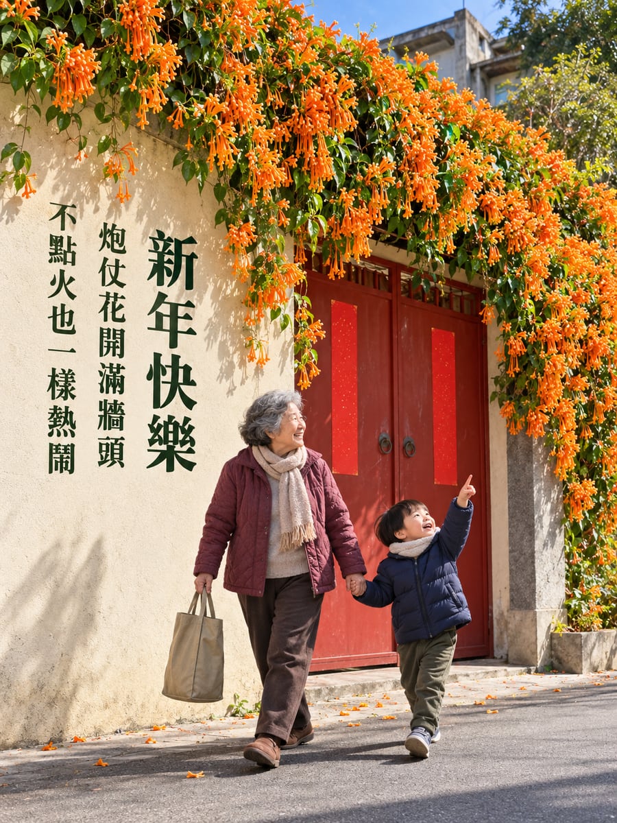 炮仗花爬滿家門。圖中文字：新年快樂，炮仗花開滿牆頭，不點火也一樣熱鬧