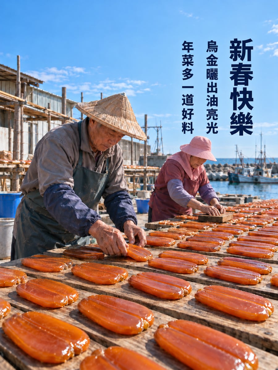 冬陽下曬烏魚子。圖中文字：新春快樂，烏金曬出油亮光，年菜多一道好料