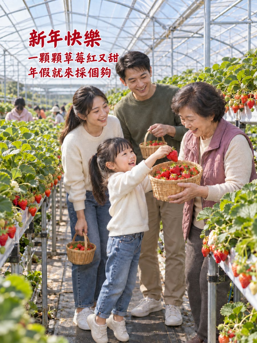 年假採草莓。圖中文字：新年快樂，一顆顆草莓紅又甜，年假就來採個夠