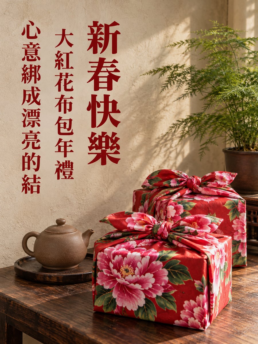 客家花布包年禮。圖中文字：新春快樂，大紅花布包年禮，心意綁成漂亮的結