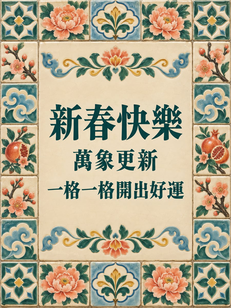花磚新春圖樣。圖中文字：新春快樂，萬象更新，一格一格開出好運