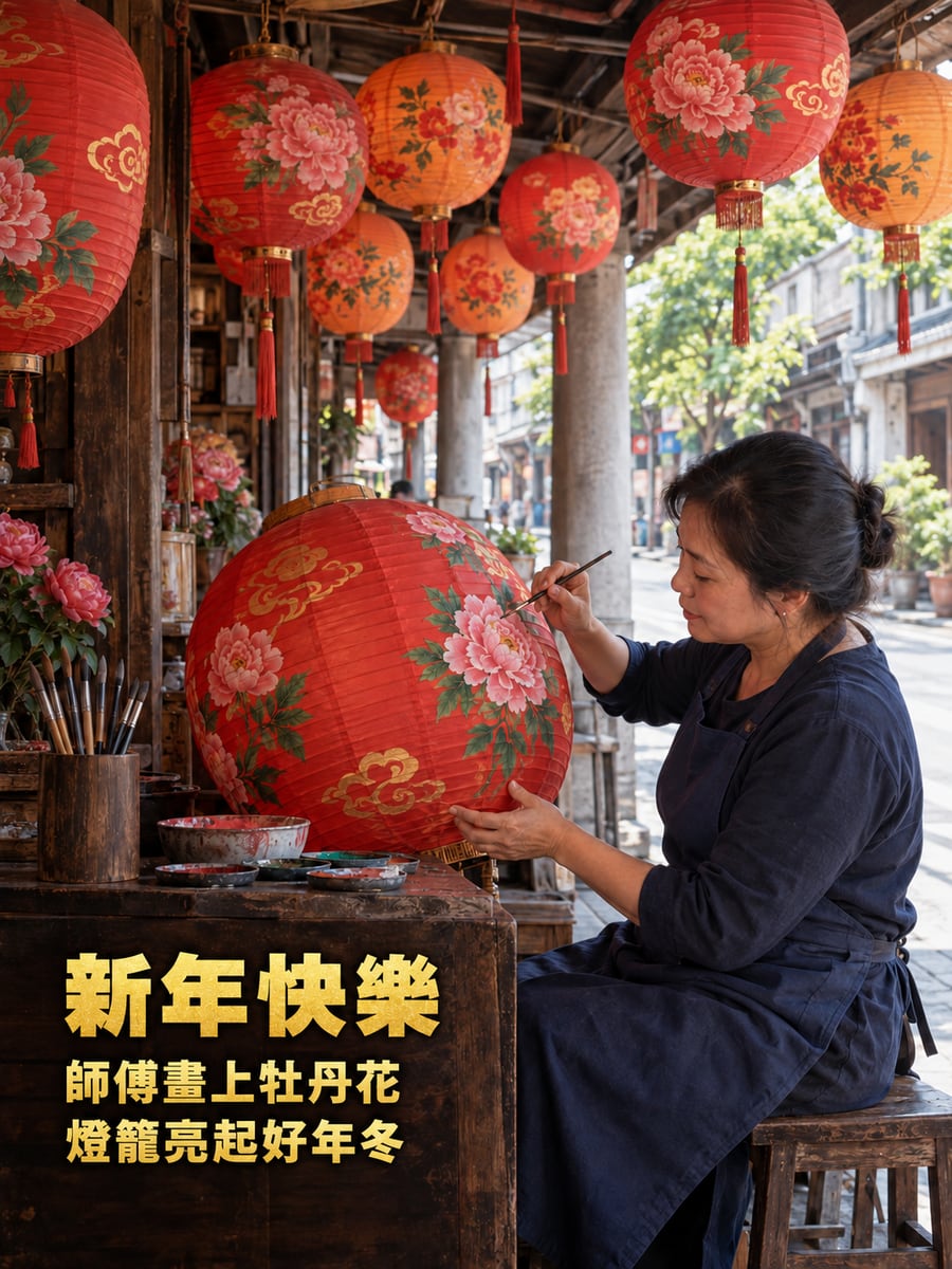 燈籠師傅彩繪燈籠。圖中文字：新年快樂，師傅畫上牡丹花，燈籠亮起好年冬