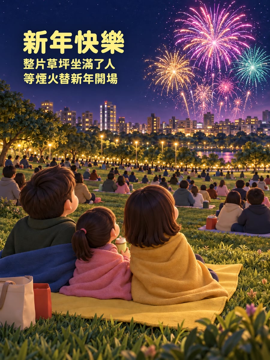 公園草坪跨年煙火。圖中文字：新年快樂，整片草坪坐滿了人，等煙火替新年開場