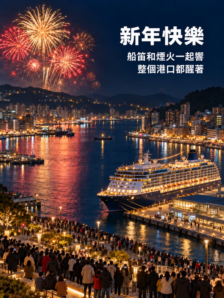 基隆港跨年煙火。圖中文字：新年快樂，船笛和煙火一起響，整個港口都醒著