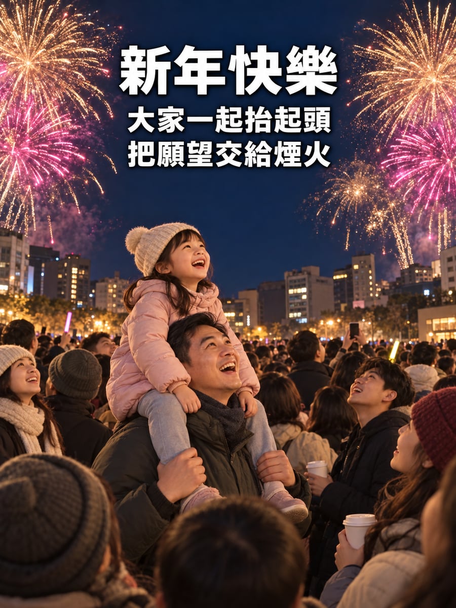 跨年人潮仰望煙火。圖中文字：新年快樂，大家一起抬起頭，把願望交給煙火