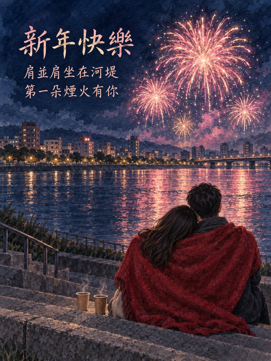 河堤情侶看煙火。圖中文字：新年快樂，肩並肩坐在河堤，第一朵煙火有你