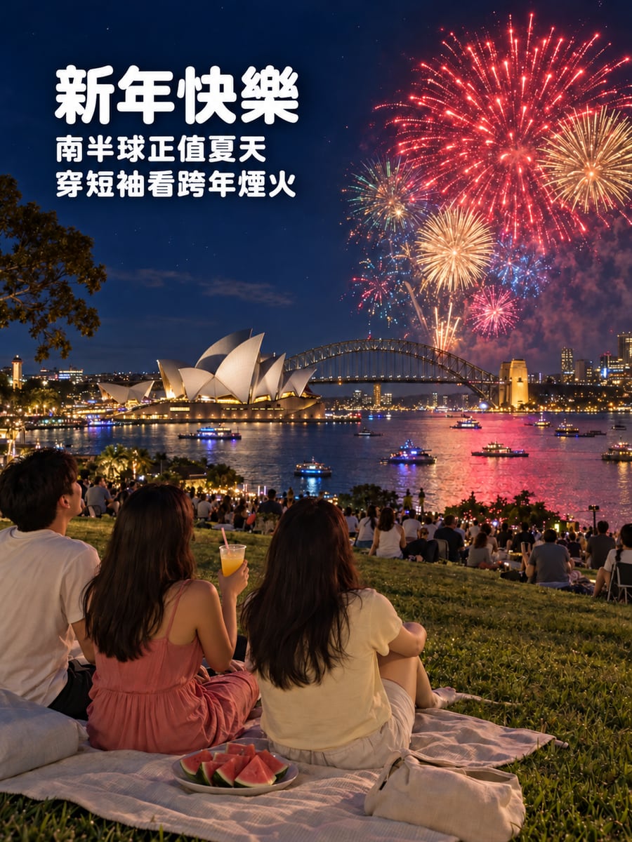 雪梨港夏夜跨年煙火。圖中文字：新年快樂，南半球正值夏天，穿短袖看跨年煙火