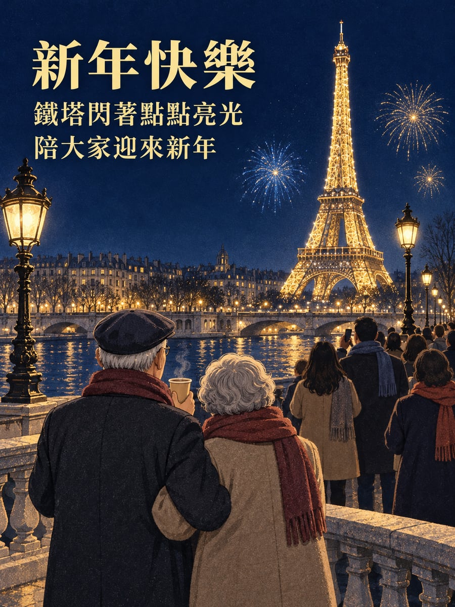 巴黎鐵塔跨年版畫。圖中文字：新年快樂，鐵塔閃著點點亮光，陪大家迎來新年