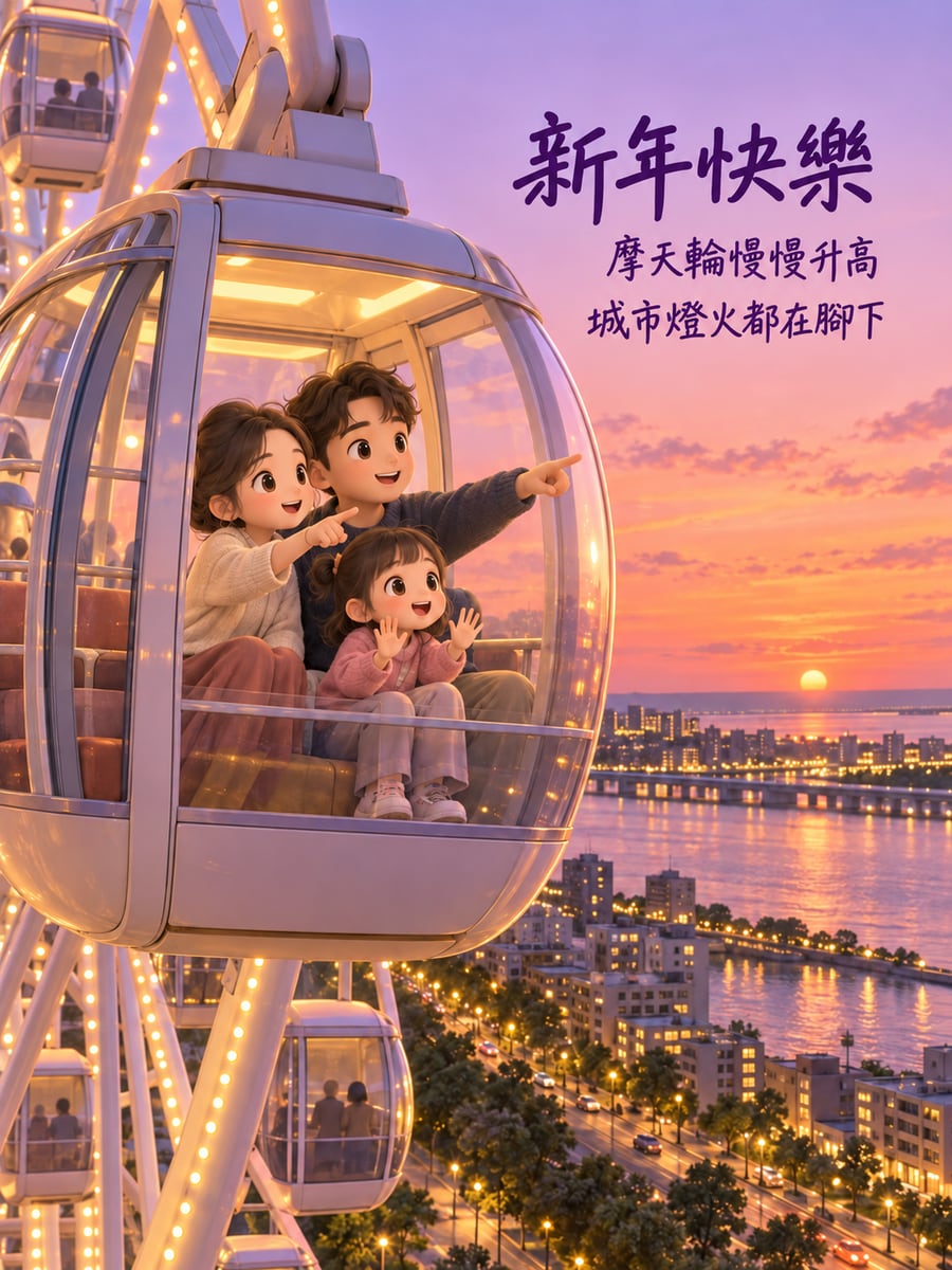 摩天輪上看城市。圖中文字：新年快樂，摩天輪慢慢升高，城市燈火都在腳下