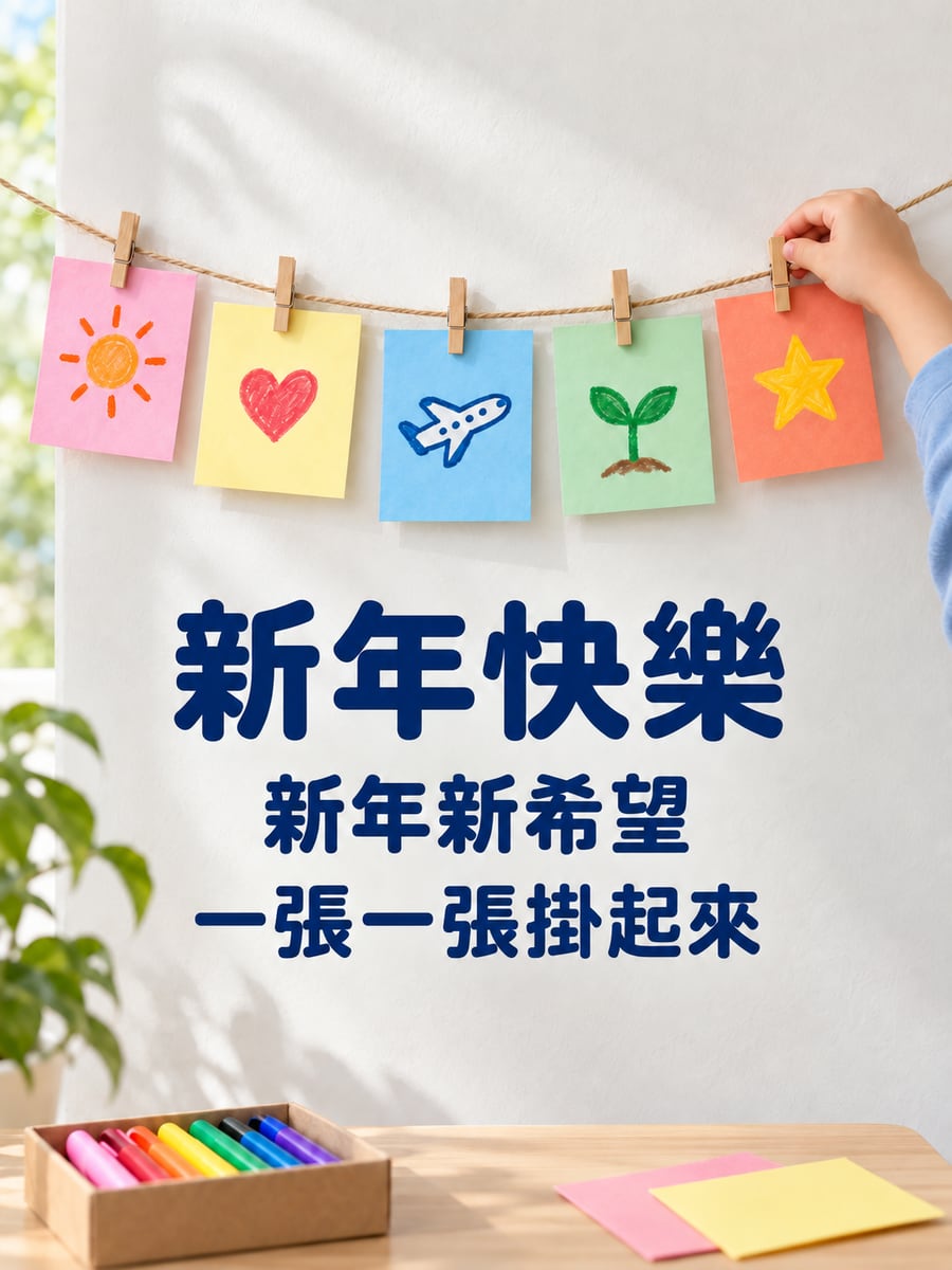 新年新希望彩色卡片。圖中文字：新年快樂，新年新希望，一張一張掛起來