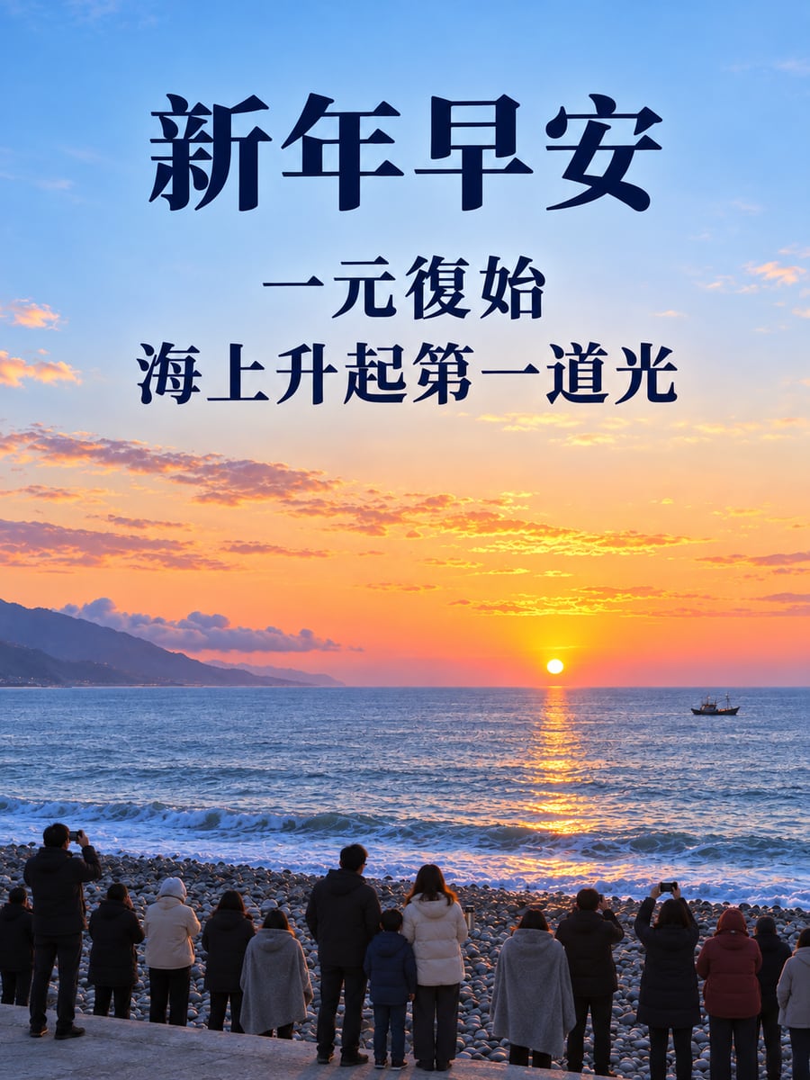 太麻里元旦曙光。圖中文字：新年早安，一元復始，海上升起第一道光