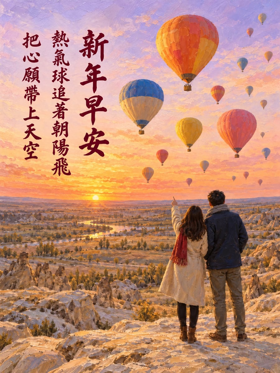 卡帕多奇亞元旦熱氣球曙光。圖中文字：新年早安，熱氣球追著朝陽飛，把心願帶上天空