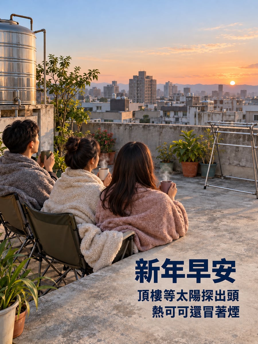 頂樓朋友等元旦日出。圖中文字：新年早安，頂樓等太陽探出頭，熱可可還冒著煙