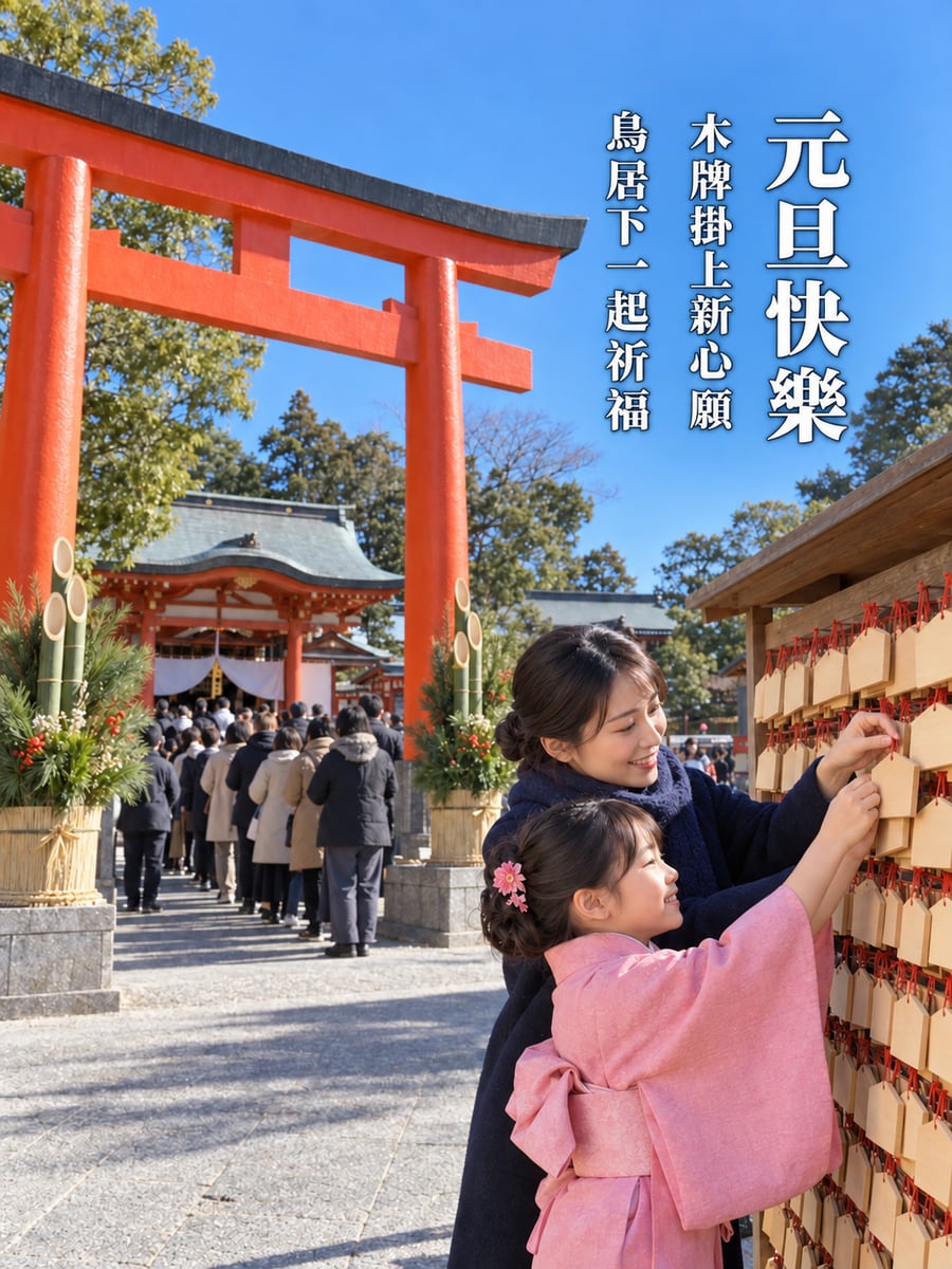 日本神社元旦參拜。圖中文字：元旦快樂，木牌掛上新心願，鳥居下一起祈福