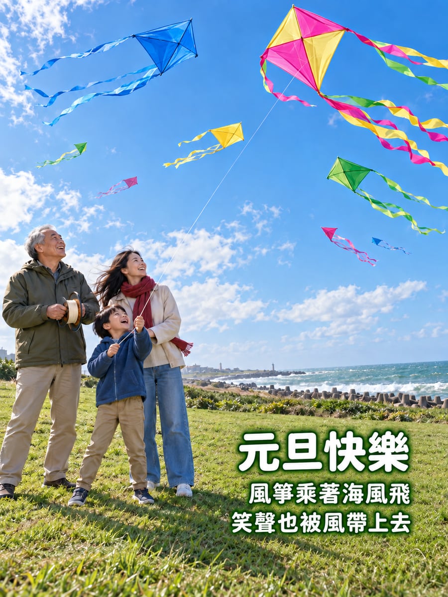 新竹海邊元旦放風箏。圖中文字：元旦快樂，風箏乘著海風飛，笑聲也被風帶上去