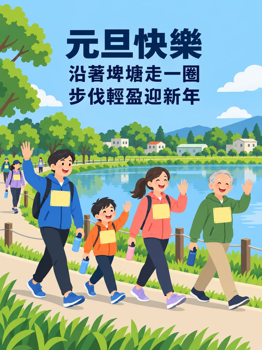桃園埤塘元旦健走。圖中文字：元旦快樂，沿著埤塘走一圈，步伐輕盈迎新年