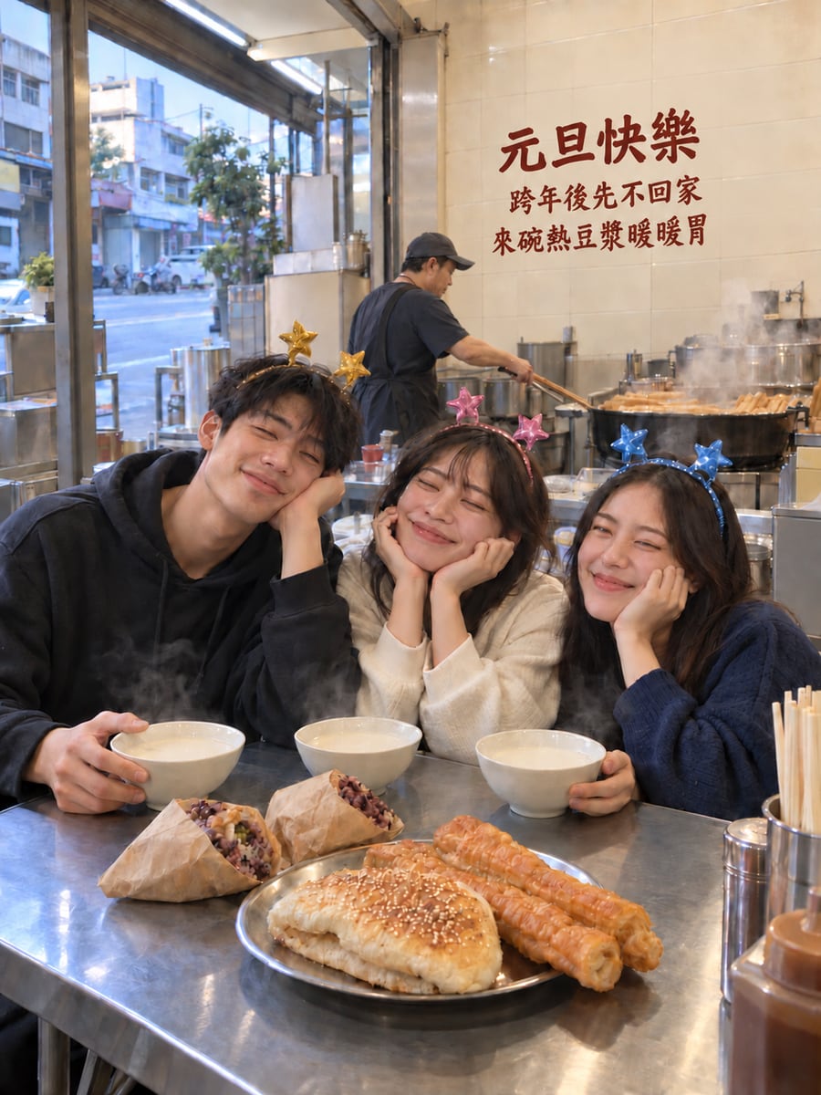 跨年後豆漿店早餐。圖中文字：元旦快樂，跨年後先不回家，來碗熱豆漿暖暖胃