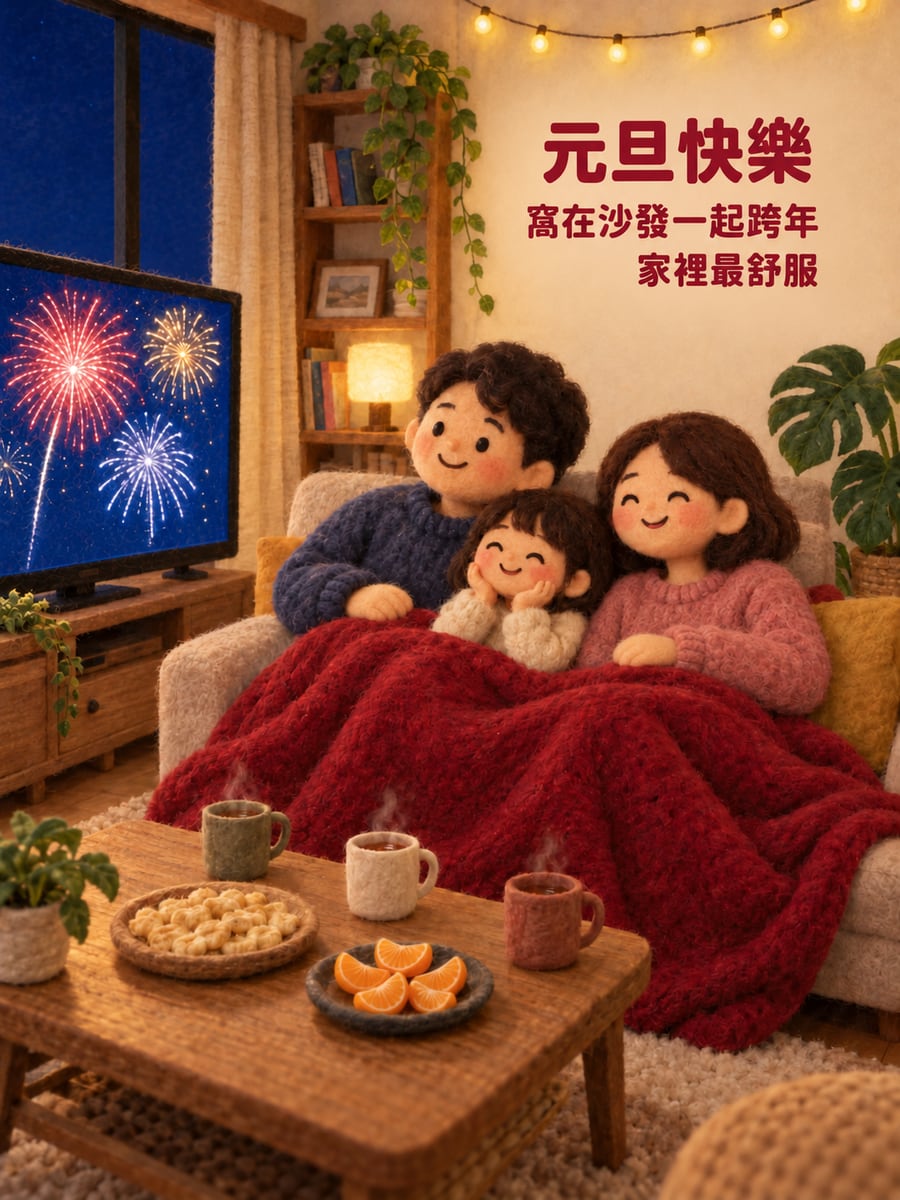 毛氈客廳在家跨年。圖中文字：元旦快樂，窩在沙發一起跨年，家裡最舒服