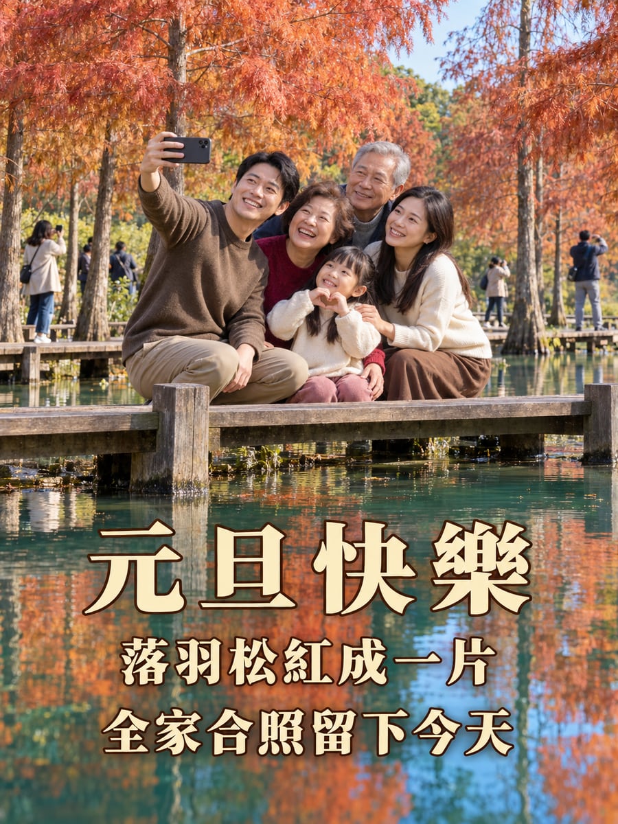 落羽松前全家合照。圖中文字：元旦快樂，落羽松紅成一片，全家合照留下今天