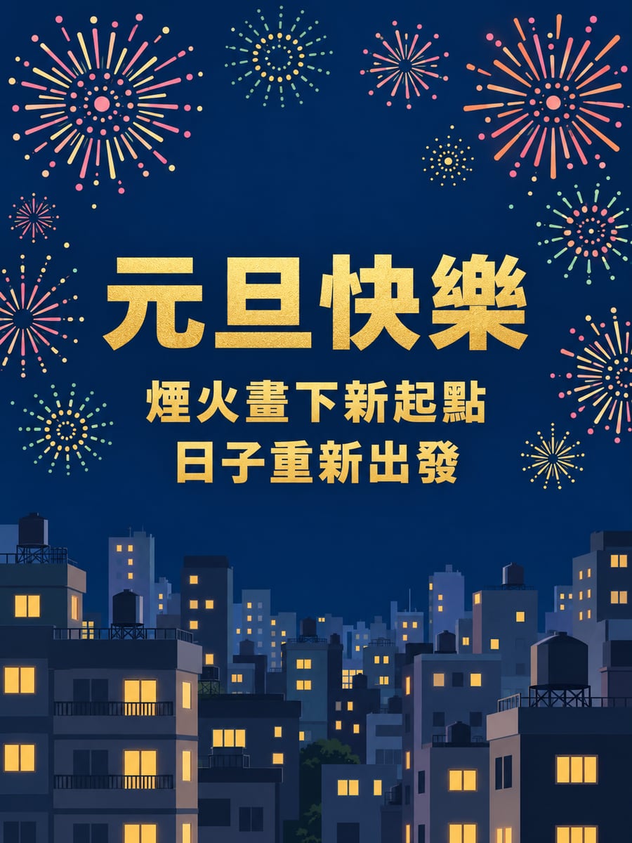幾何煙火新起點。圖中文字：元旦快樂，煙火畫下新起點，日子重新出發