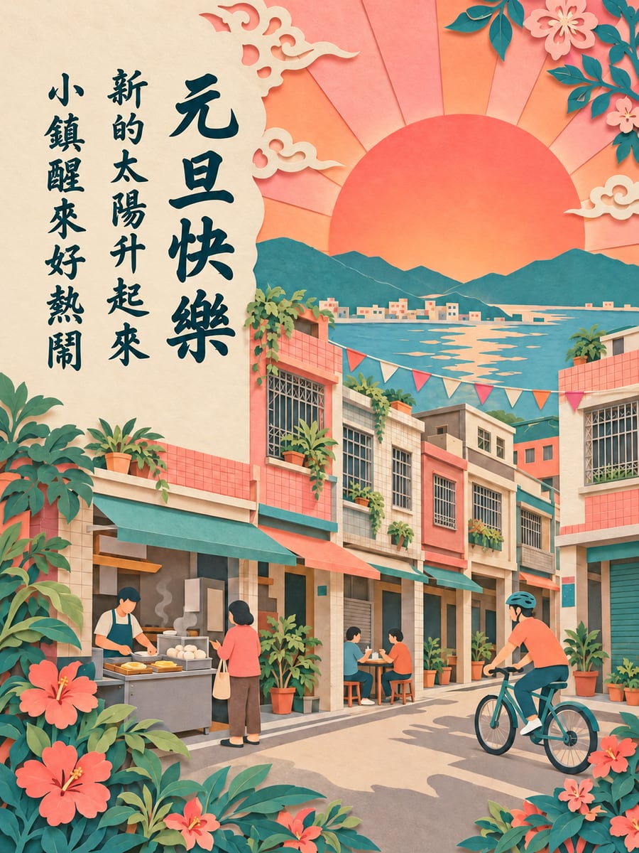 剪紙小鎮元旦朝陽。圖中文字：元旦快樂，新的太陽升起來，小鎮醒來好熱鬧