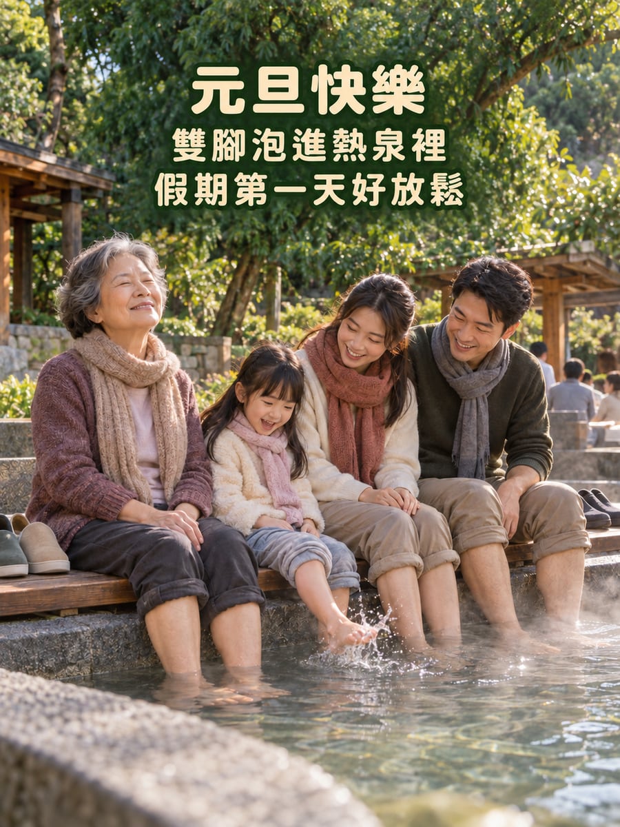 元旦泡腳暖呼呼。圖中文字：元旦快樂，雙腳泡進熱泉裡，假期第一天好放鬆