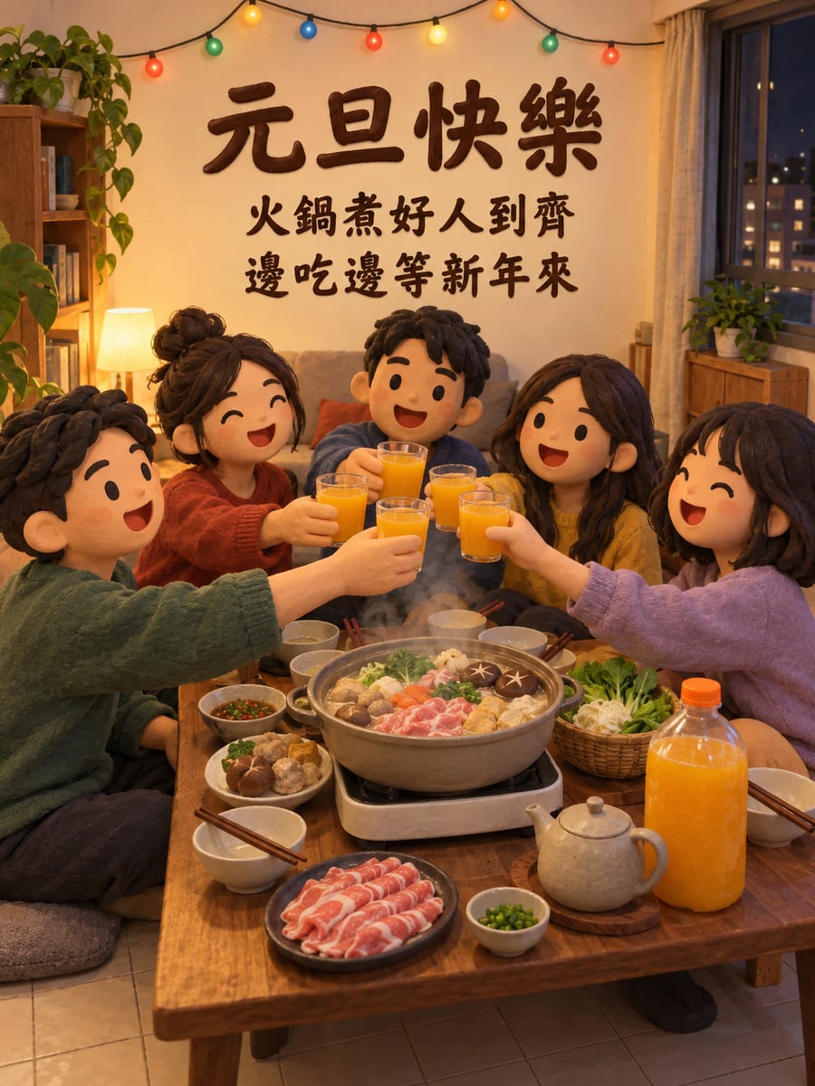 黏土朋友火鍋跨年。圖中文字：元旦快樂，火鍋煮好人到齊，邊吃邊等新年來