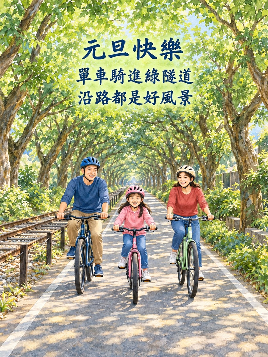 元旦舊鐵道綠廊騎單車。圖中文字：元旦快樂，單車騎進綠隧道，沿路都是好風景