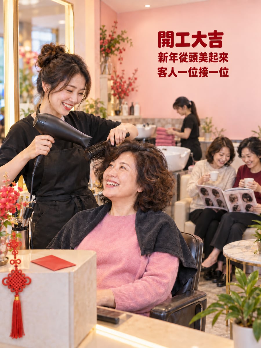 美髮院開工第一位客人。圖中文字：開工大吉，新年從頭美起來，客人一位接一位