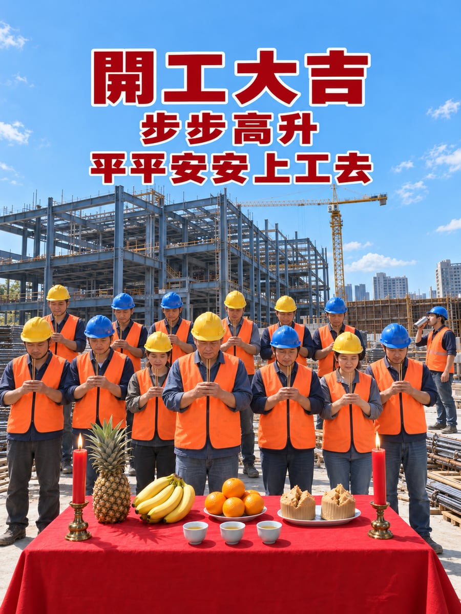 工地拜開工。圖中文字：開工大吉，步步高升，平平安安上工去