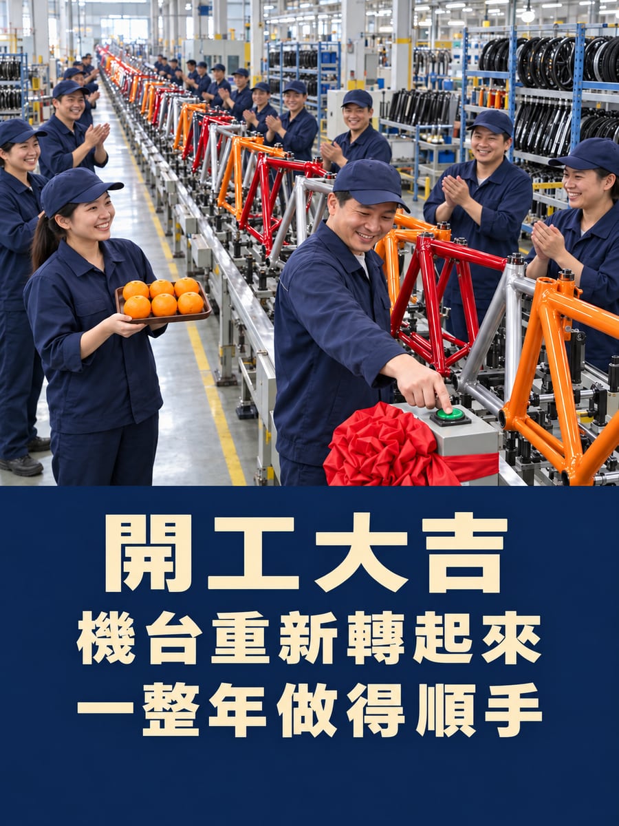 腳踏車工廠產線開動。圖中文字：開工大吉，機台重新轉起來，一整年做得順手