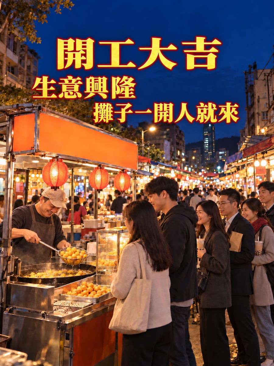 夜市攤位開張。圖中文字：開工大吉，生意興隆，攤子一開人就來
