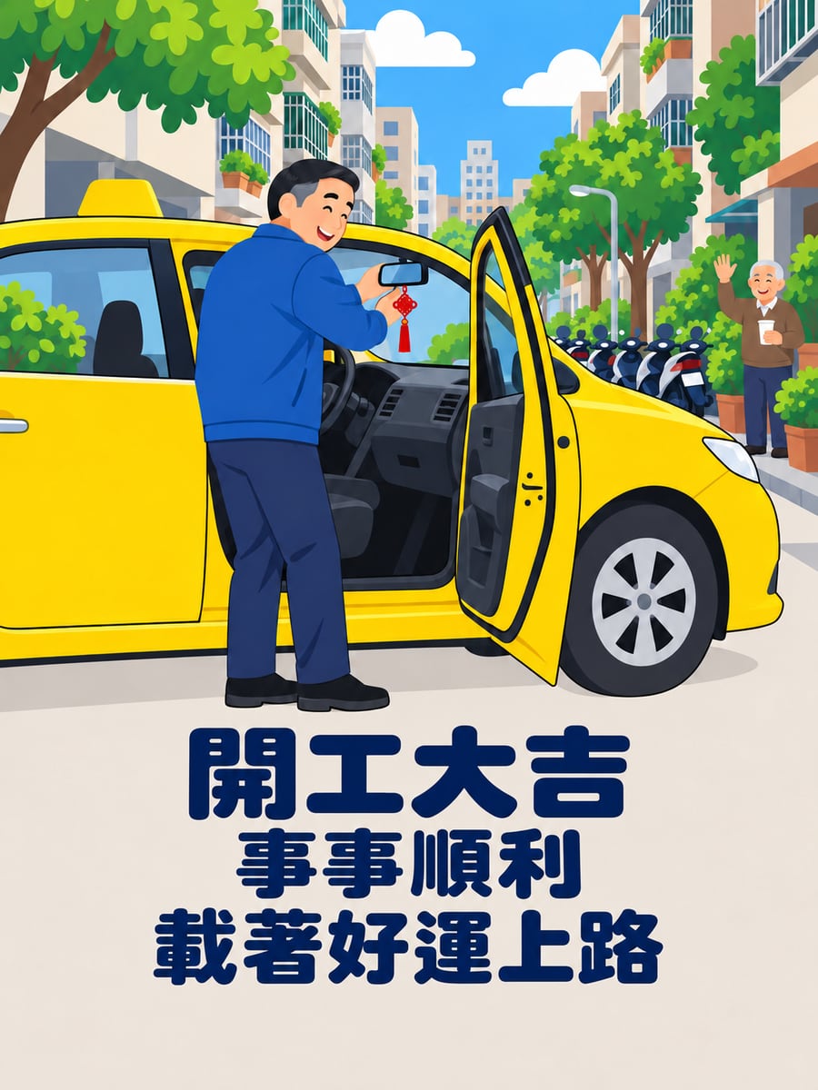 計程車司機出車。圖中文字：開工大吉，事事順利，載著好運上路