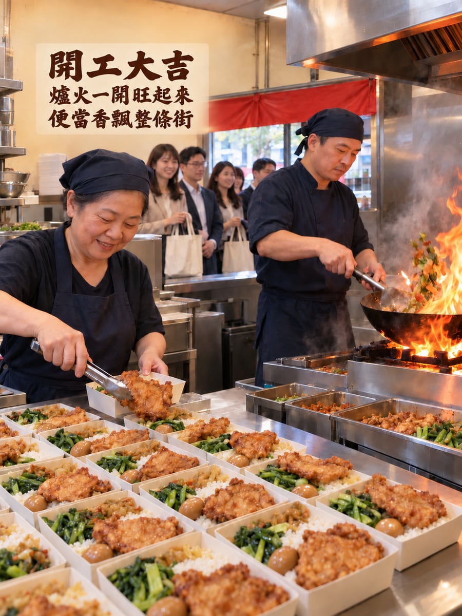 便當店大火開灶。圖中文字：開工大吉，爐火一開旺起來，便當香飄整條街
