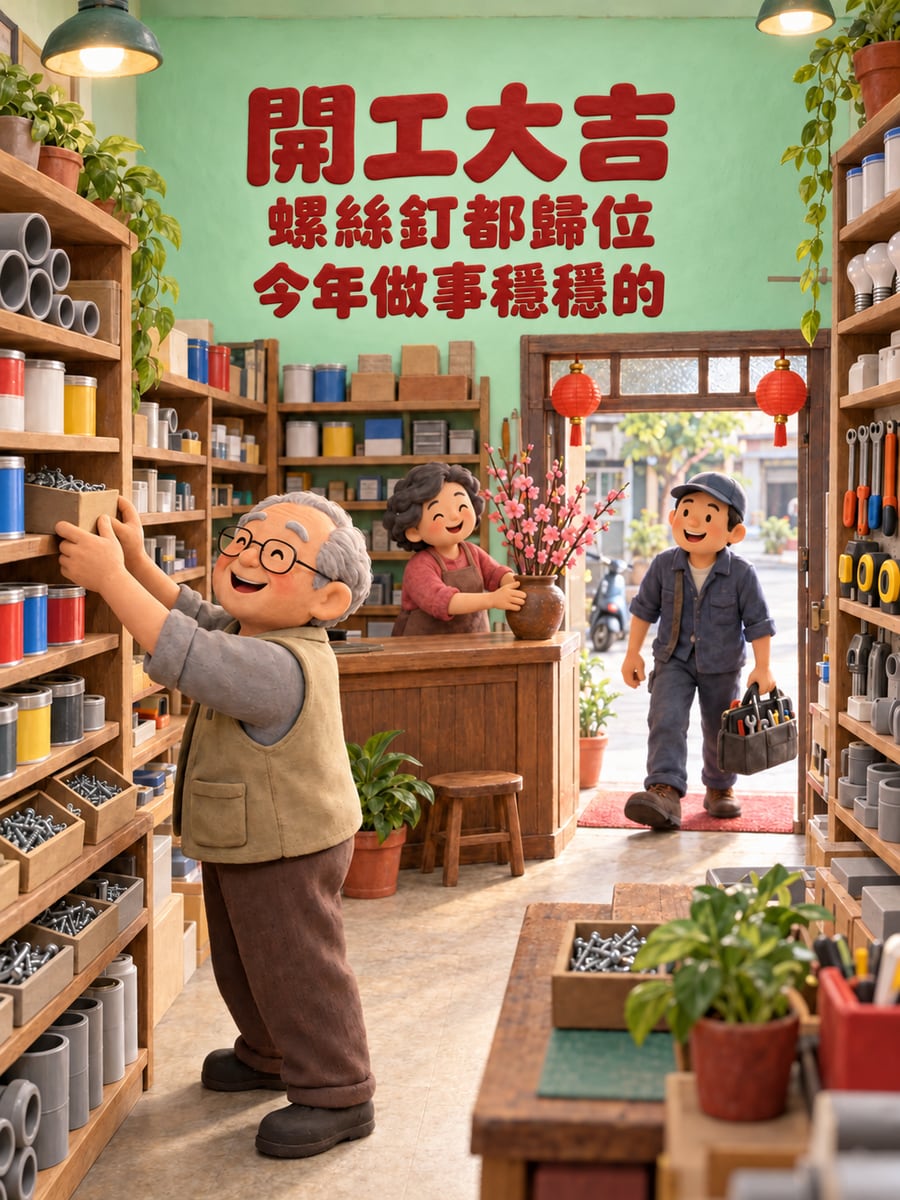 黏土五金行開門。圖中文字：開工大吉，螺絲釘都歸位，今年做事穩穩的