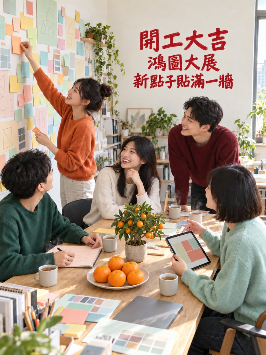 設計工作室點子牆。圖中文字：開工大吉，鴻圖大展，新點子貼滿一牆