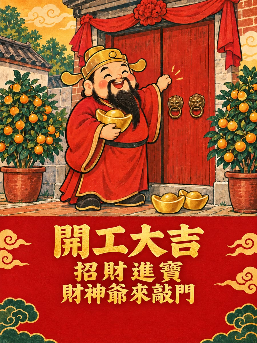 年畫財神爺來敲門。圖中文字：開工大吉，招財進寶，財神爺來敲門