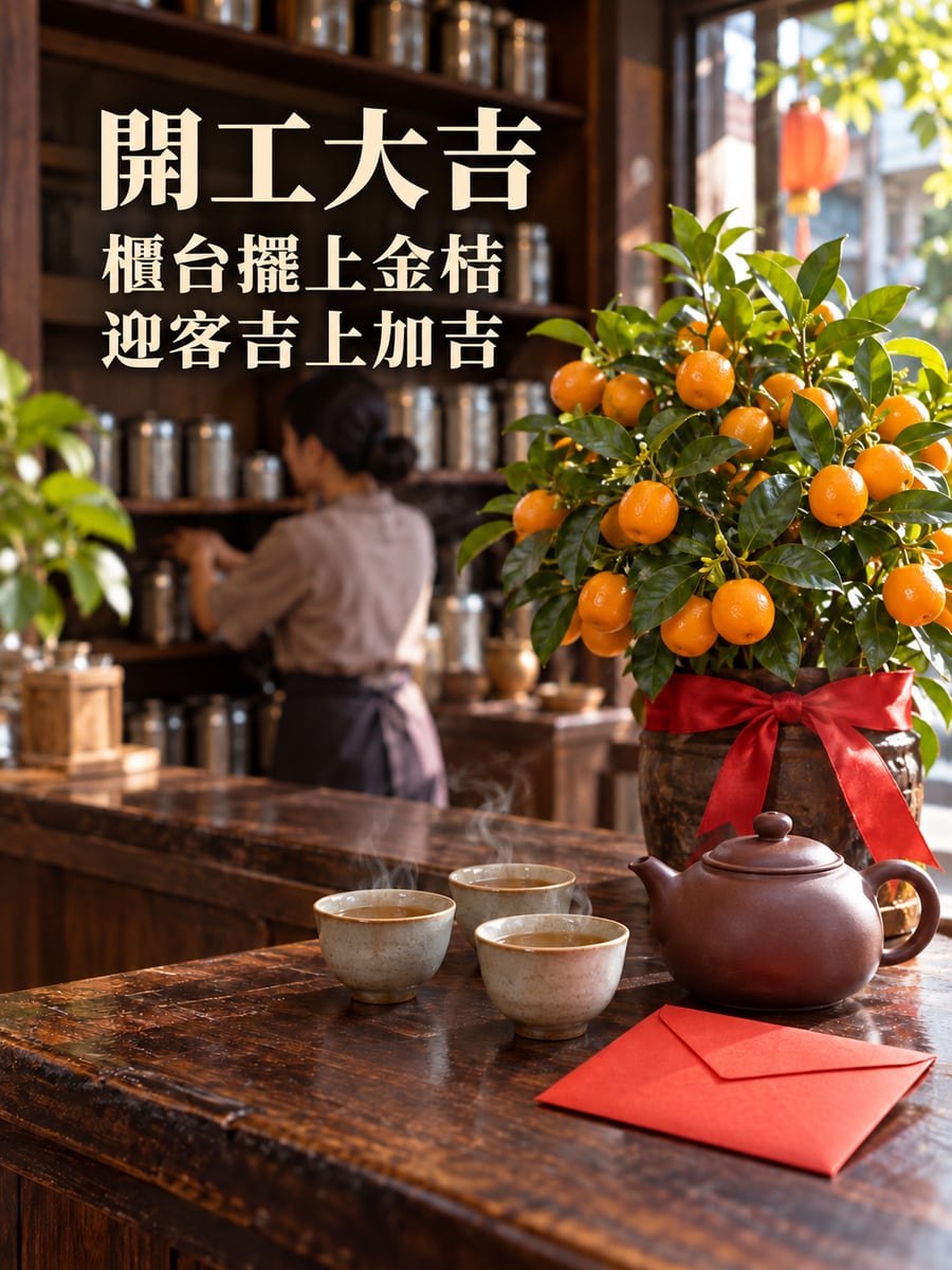 茶行櫃台的金桔。圖中文字：開工大吉，櫃台擺上金桔，迎客吉上加吉